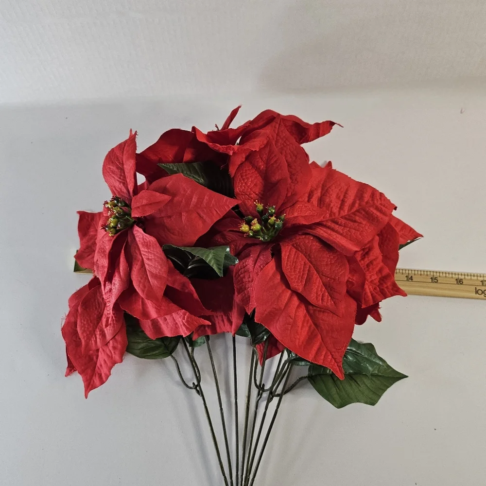 Ashland Red Poinsettia Deluxe Bush Christmas Decoration Long Stem Home Decor - Picture 5 of 7